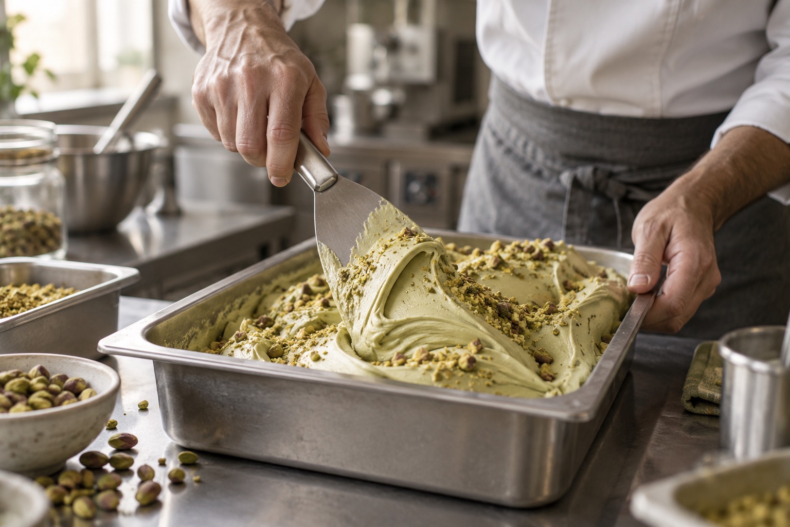 Elaboración artesanal de helado de pistacho